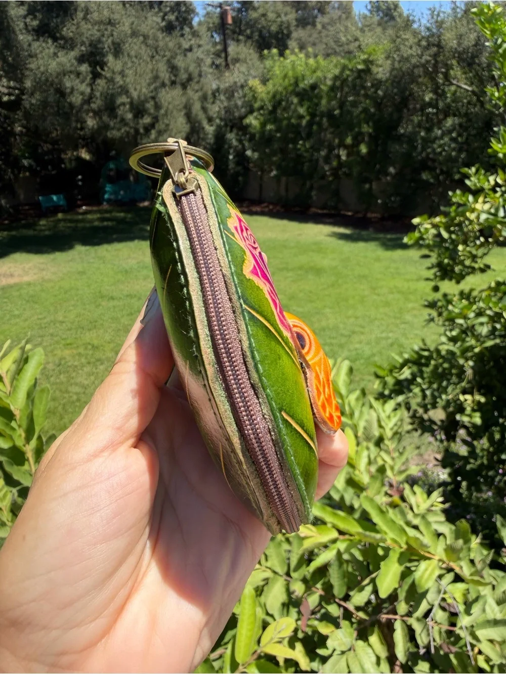 Green Leaf Leather Wristlet with Pink Rose and Orange Bee Accent